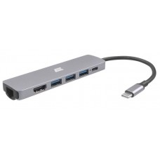 2E Хаб USB-С > 2хUSB-A 2.0/USB-A 3.0/USB-C PD/HDMI/Ethernet, 0.15м, сірий