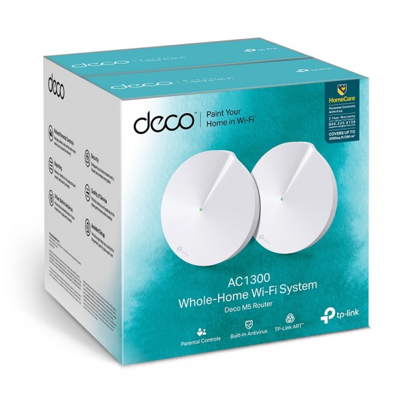 Wi-Fi система TP-LINK Deco M5 2 pcs AC1300, 1xGE LAN, 1xGE WAN, MESH, MU-MIMO, Beamforming