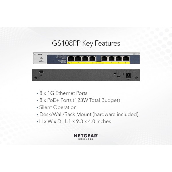Комутатор NETGEAR GS108PP 8xGE PoE+ (123Вт), FlexPoE, некерований