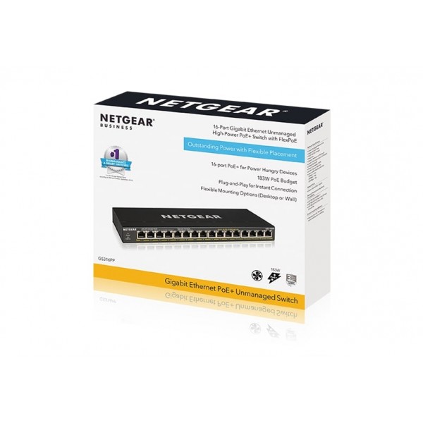 Комутатор NETGEAR GS316PP 16xGE PoE+ (183Вт), FlexPoE, некерований
