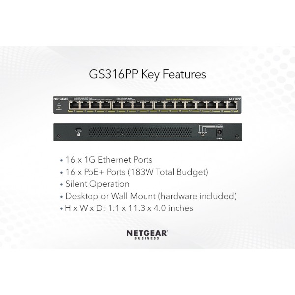 Комутатор NETGEAR GS316PP 16xGE PoE+ (183Вт), FlexPoE, некерований