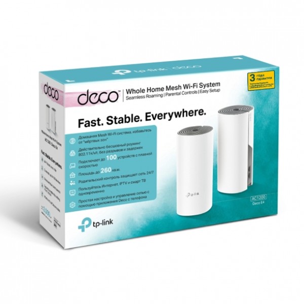 Wi-Fi система TP-LINK DECO E4 2 pcs AC1200, 2xFE LAN/WAN, MESH, MU-MIMO, Beamforming
