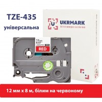 UKRMARK B-T435P, Ламінована, 12мм х 8м, білим на червоному, сумісна з BROTHER TZe-435, стрічка для принтерів етикеток (TZe435)