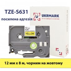 UKRMARK BS-T631P, Надклейка, 12мм х 8м, черный на желтом, совместимый с BROTHER TZe-S631, лента с усиленной адгезией (TZeS631)