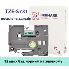 UKRMARK BS-T731P, Надклейка, 12мм х 8м, черный на зеленом, совместимый с BROTHER TZe-S731, лента с усиленной адгезией (TZeS731)