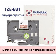 UKRMARK B-Fc-TB31P, 12мм х 5м, Флуоресцентная, черная на оранжевом, совместимая с BROTHER TZe-B31. Лента для принтеров этикеток (TZeB31)