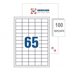 UKRMARK A4-65-W1-100, 65 этикеток на листе А4, 38,1мм х 21,2мм, уп.100 л, этикетки самоклеющиеся