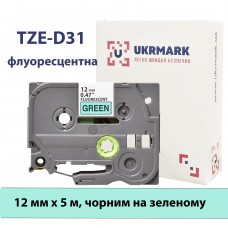 UKRMARK B-Fc-TD31P, Флуоресцентная, 12мм х 5м, черный на зеленом, совместимый с BROTHER TZe-D31. Лента для принтеров этикеток (TZeD31)