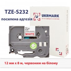 UKRMARK BS-T232P, Надклейка, 12мм х 8м, красный на белом, совместимый с BROTHER TZe-S232, лента с усиленной адгезией (TZeS232)