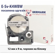 UKRMARK E-Sv-K4WBW, усиленная адгезия, 12мм х 9м, черным на белом, совместимая с Epson LK-4WBW